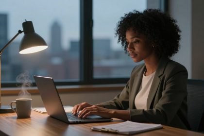 A woman in a green blazer works on a laptop at a wooden desk, with a steaming mug and papers nearby. A lamp illuminates the scene, and a cityscape is visible through the window.