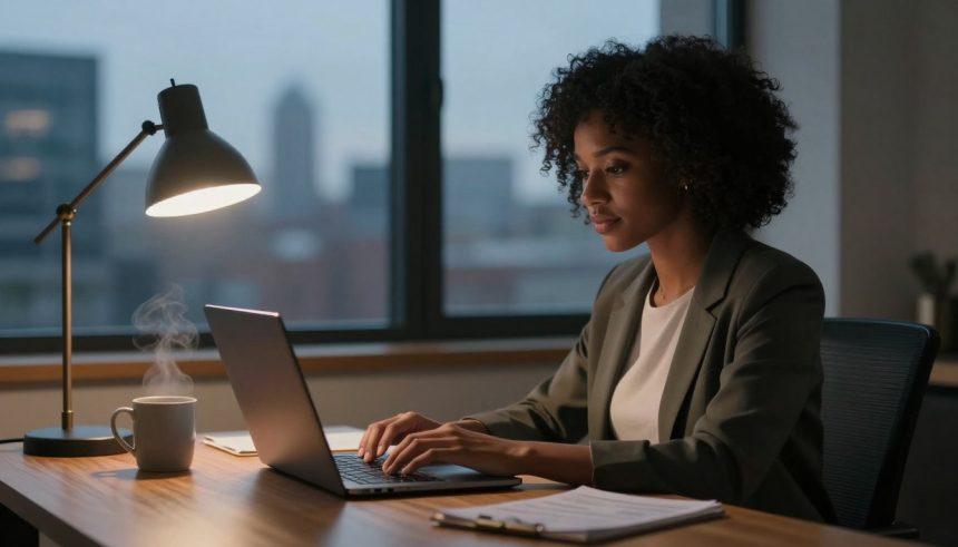 A woman in a green blazer works on a laptop at a wooden desk, with a steaming mug and papers nearby. A lamp illuminates the scene, and a cityscape is visible through the window.