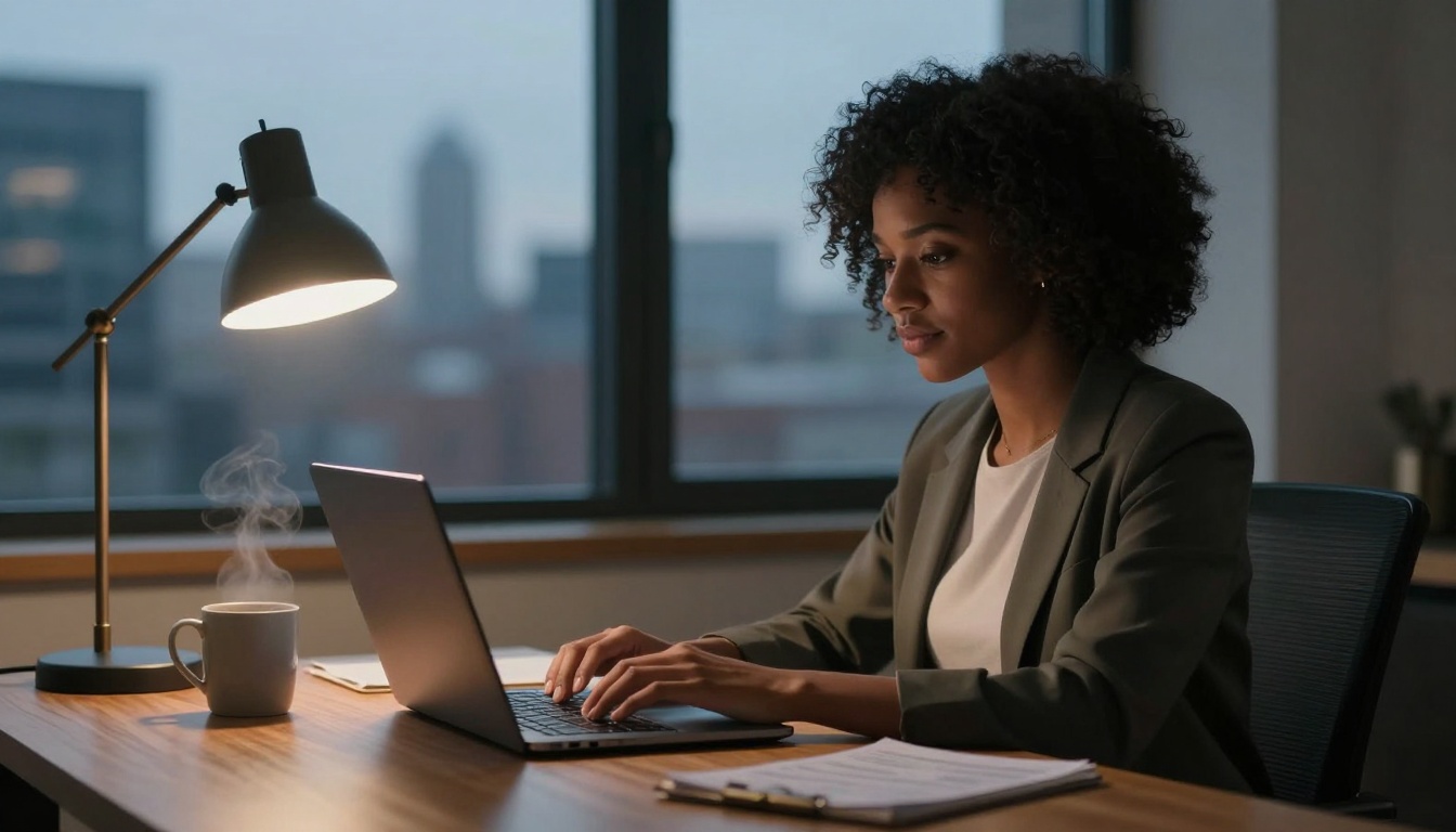 A woman in a green blazer works on a laptop at a wooden desk, with a steaming mug and papers nearby. A lamp illuminates the scene, and a cityscape is visible through the window.