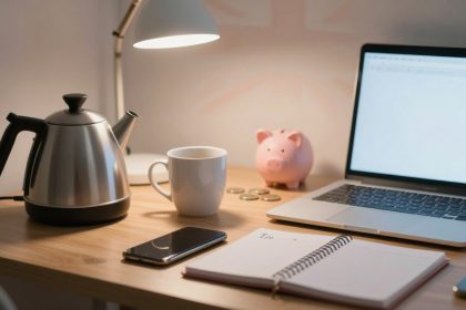 A desk with a silver electric kettle, white mug, pink piggy bank, coins, open laptop, smartphone, notebook, and desk lamp.