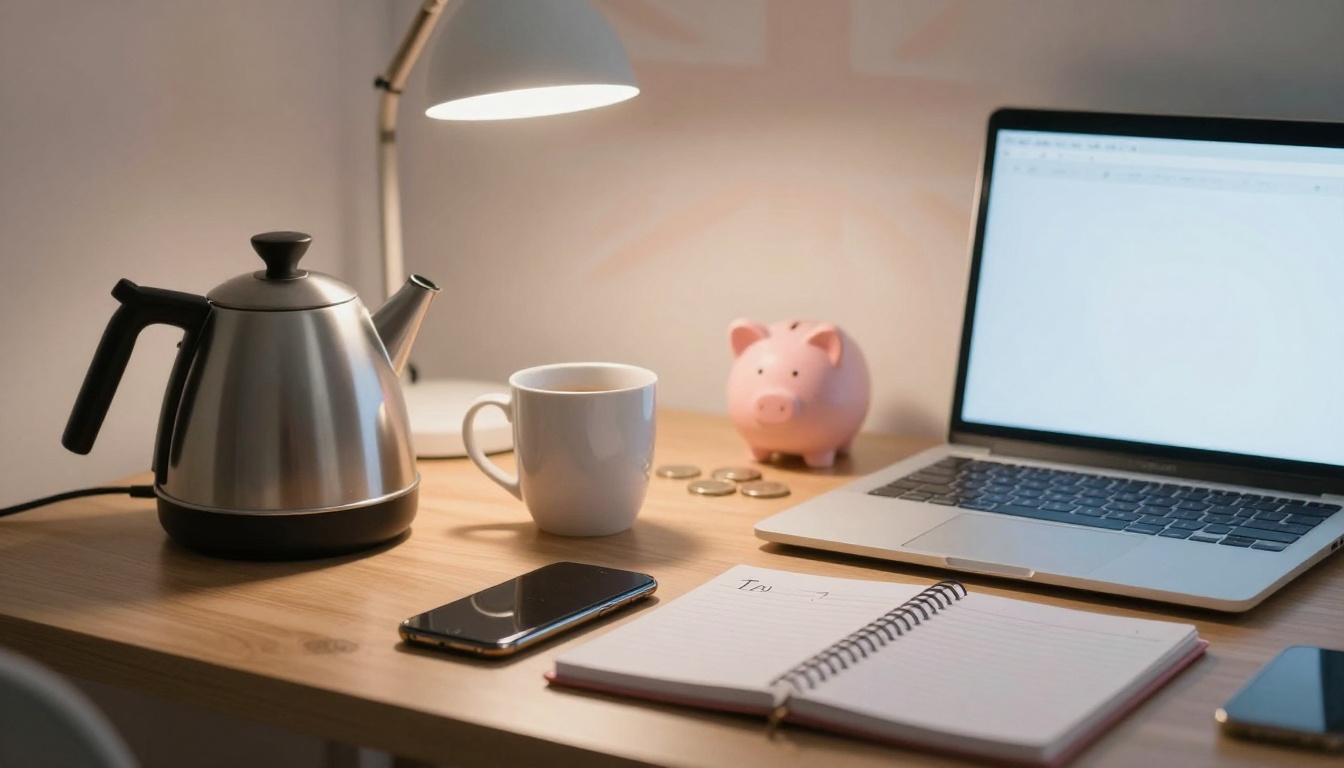 A desk with a silver electric kettle, white mug, pink piggy bank, coins, open laptop, smartphone, notebook, and desk lamp.