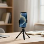 A smartphone on a tripod is placed on a wooden desk next to a laptop, a notebook, and a cup of coffee. A window and shelves are in the background.