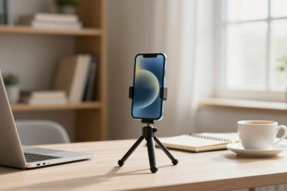 A smartphone on a tripod is placed on a wooden desk next to a laptop, a notebook, and a cup of coffee. A window and shelves are in the background.