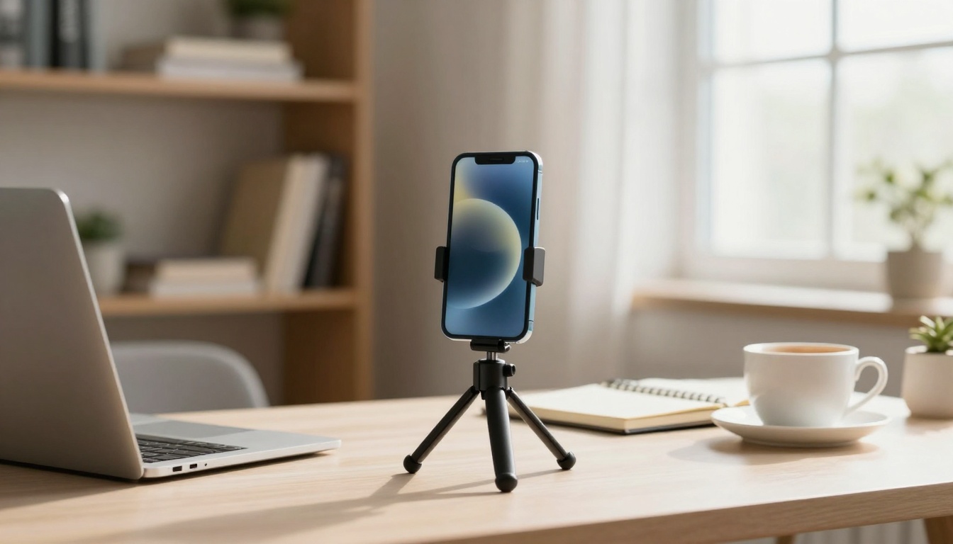 A smartphone on a tripod is placed on a wooden desk next to a laptop, a notebook, and a cup of coffee. A window and shelves are in the background.