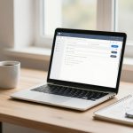 A laptop on a wooden desk displays an email interface. Nearby are a white coffee mug, a spiral notebook with a phone on top, a desk calendar, and stacked envelopes. A window with natural light is in the background.