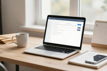 A laptop on a wooden desk displays an email interface. Nearby are a white coffee mug, a spiral notebook with a phone on top, a desk calendar, and stacked envelopes. A window with natural light is in the background.