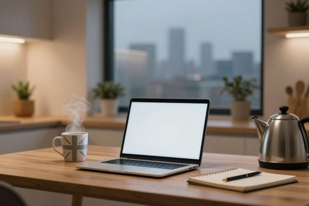 A modern kitchen with a wooden table featuring a laptop, a steaming mug with a British flag, a stainless steel kettle, and a notebook with a pen. Plants and utensils are in the background, with a cityscape visible through the window.