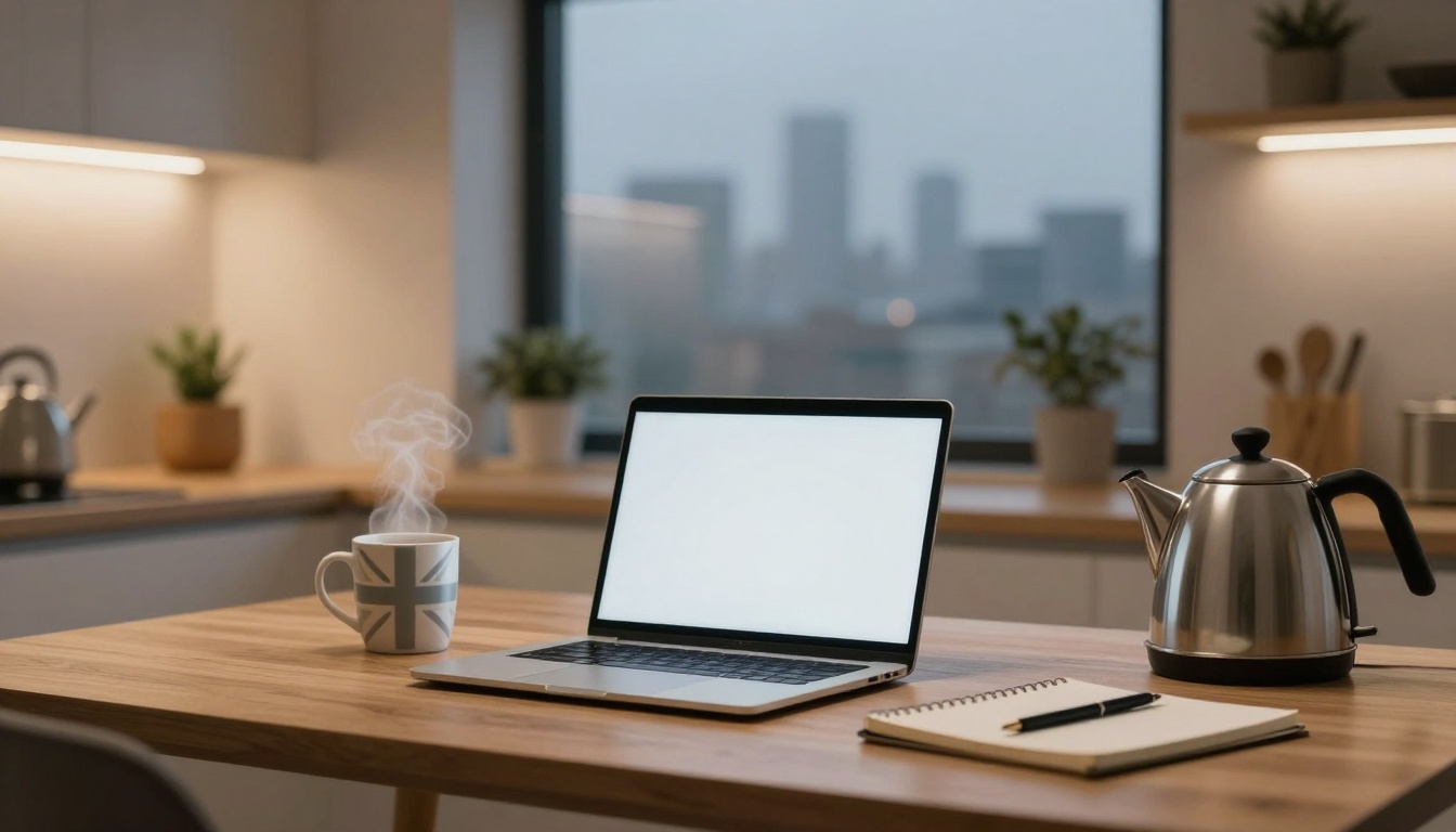A modern kitchen with a wooden table featuring a laptop, a steaming mug with a British flag, a stainless steel kettle, and a notebook with a pen. Plants and utensils are in the background, with a cityscape visible through the window.