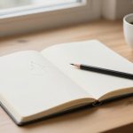 An open notebook with a simple tree sketch on a wooden table, accompanied by a pencil and a steaming cup of coffee. A window and plant are in the background.
