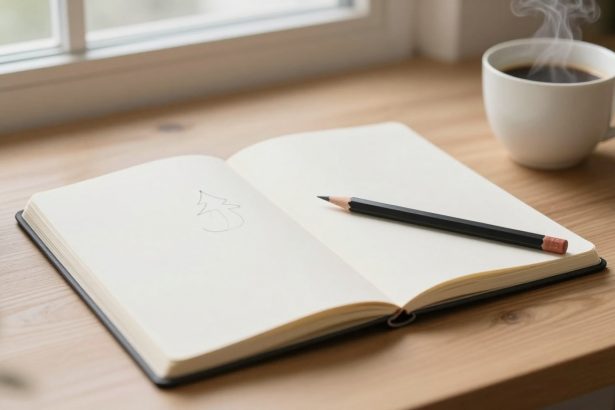 An open notebook with a simple tree sketch on a wooden table, accompanied by a pencil and a steaming cup of coffee. A window and plant are in the background.