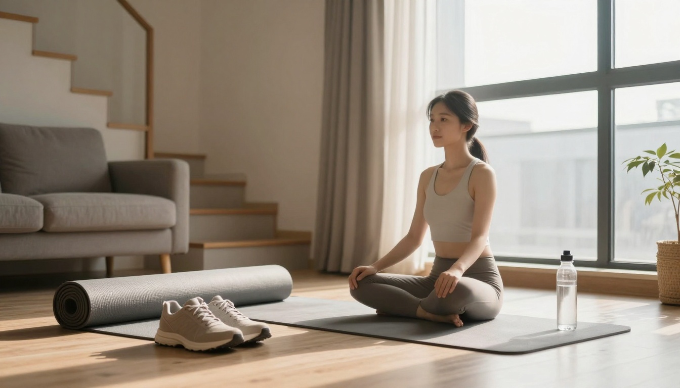 A person in athletic wear sits cross-legged on a yoga mat in a bright room. Nearby are rolled-up yoga mats, sneakers, and a water bottle. A couch and stairs are visible in the background.