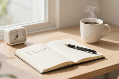 An open notebook with handwritten text lies on a wooden desk beside a black pen. A steaming cup of coffee and a small white clock showing 8:10 are nearby, with soft sunlight streaming in through a window.