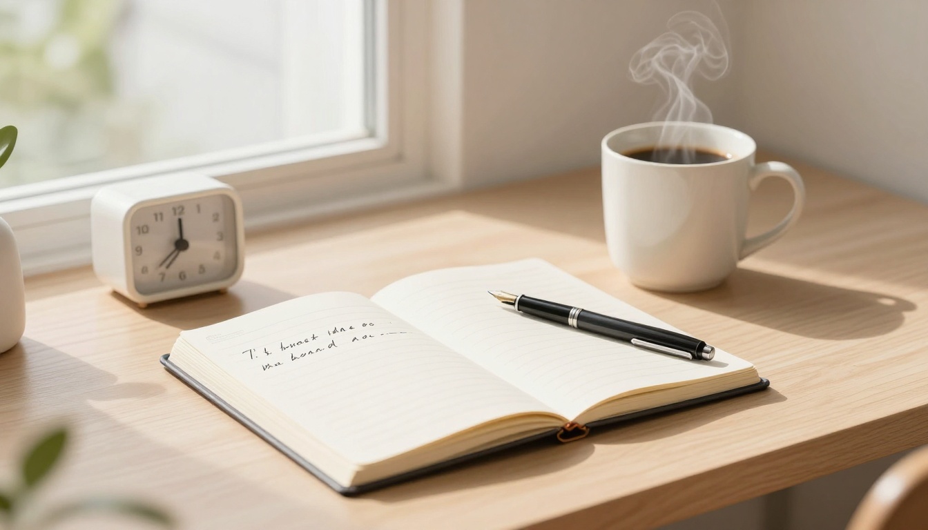 An open notebook with handwritten text lies on a wooden desk beside a black pen. A steaming cup of coffee and a small white clock showing 8:10 are nearby, with soft sunlight streaming in through a window.