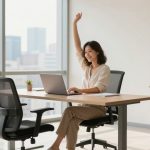 A woman in a white blouse sits at a desk with a laptop, raising her hand. The office has large windows, a potted plant, and two chairs.