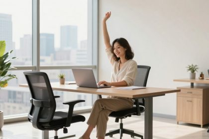 A woman in a white blouse sits at a desk with a laptop, raising her hand. The office has large windows, a potted plant, and two chairs.