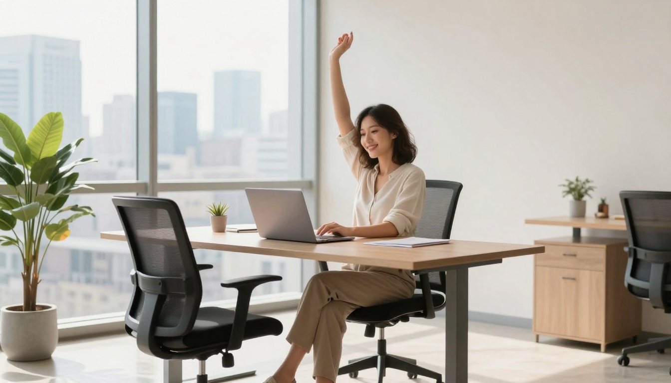A woman in a white blouse sits at a desk with a laptop, raising her hand. The office has large windows, a potted plant, and two chairs.