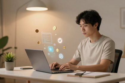 A person is using a laptop at a desk, surrounded by digital icons and holographic text. The setting is a softly lit room with a potted plant, a smartphone, and a notebook nearby.