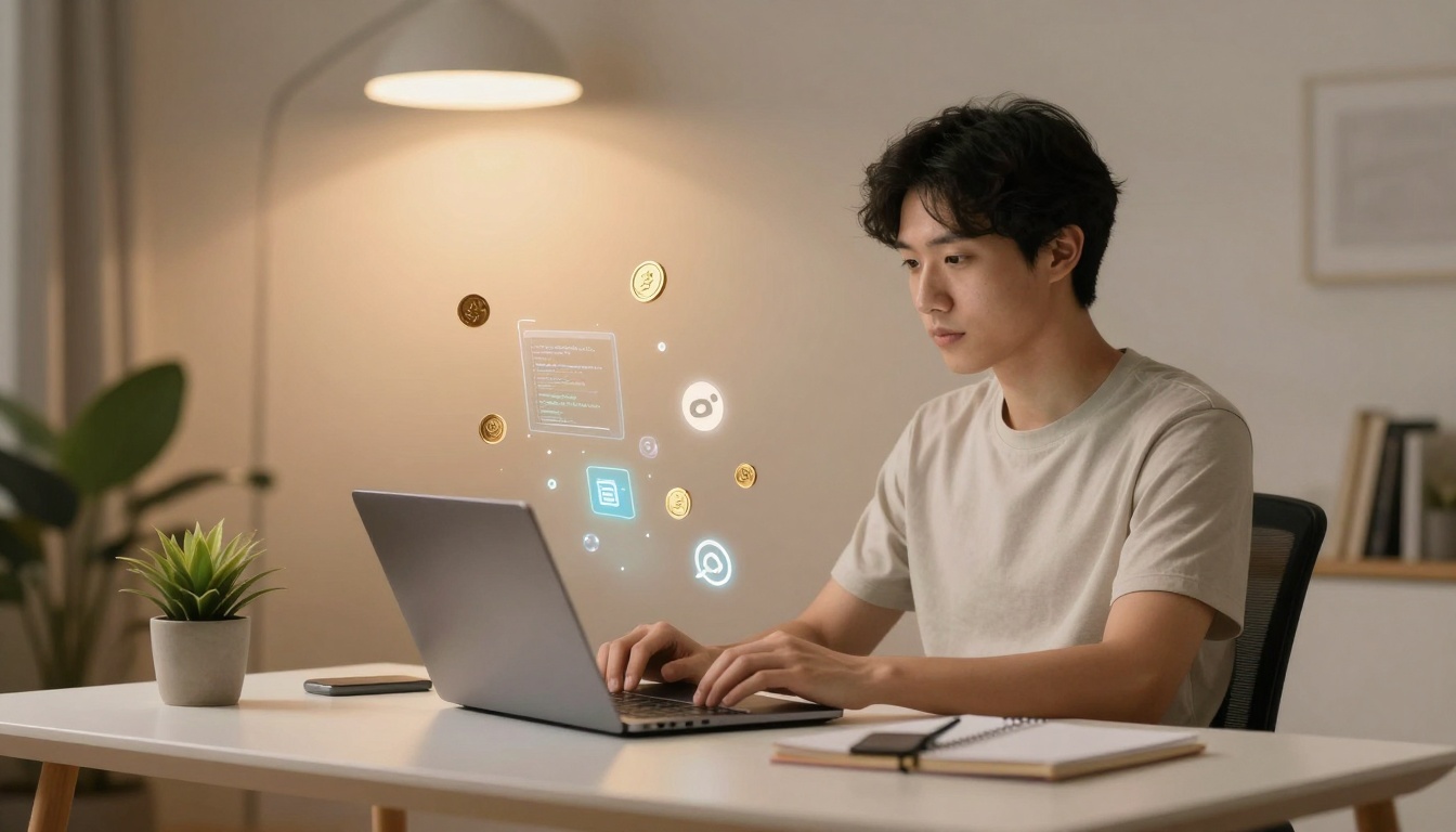 A person is using a laptop at a desk, surrounded by digital icons and holographic text. The setting is a softly lit room with a potted plant, a smartphone, and a notebook nearby.