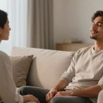 A man and woman sit on a beige sofa in a living room. The man is relaxed, eyes closed, wearing a light sweater. The woman faces him, listening attentively. Soft lighting and neutral decor create a calm atmosphere.