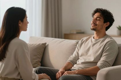 A man and woman sit on a beige sofa in a living room. The man is relaxed, eyes closed, wearing a light sweater. The woman faces him, listening attentively. Soft lighting and neutral decor create a calm atmosphere.