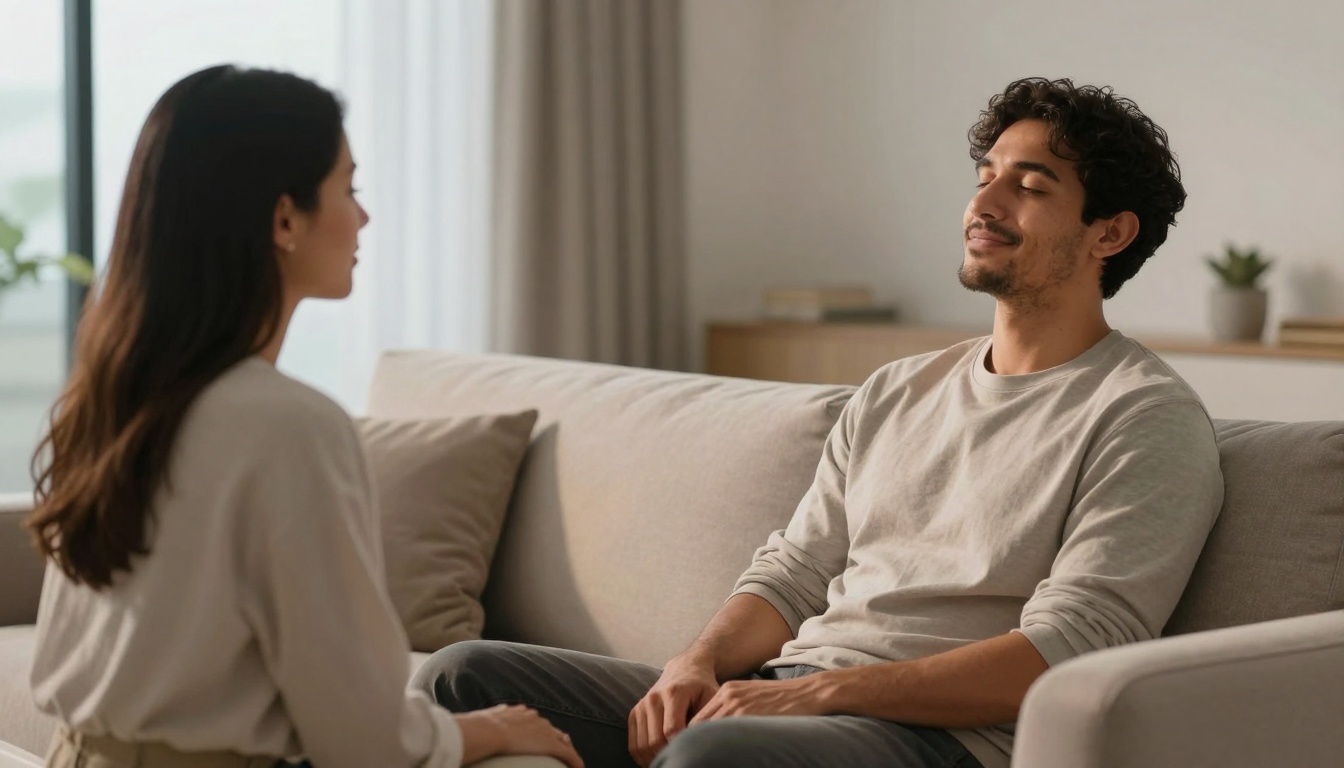 A man and woman sit on a beige sofa in a living room. The man is relaxed, eyes closed, wearing a light sweater. The woman faces him, listening attentively. Soft lighting and neutral decor create a calm atmosphere.