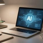 A laptop on a desk displays a glowing "AI" graphic. Nearby are a notebook with a pen, a cup of coffee, a feather in a stand, a desk lamp, and a small plant.