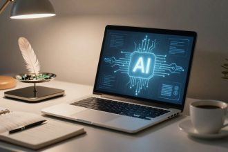 A laptop on a desk displays a glowing "AI" graphic. Nearby are a notebook with a pen, a cup of coffee, a feather in a stand, a desk lamp, and a small plant.