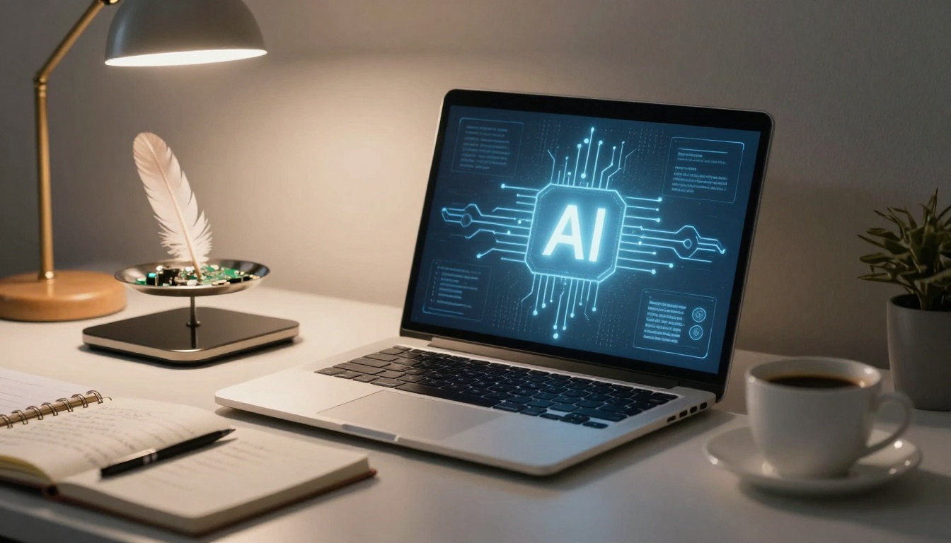 A laptop on a desk displays a glowing "AI" graphic. Nearby are a notebook with a pen, a cup of coffee, a feather in a stand, a desk lamp, and a small plant.