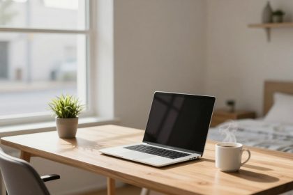 A bright room with a wooden desk featuring a laptop, a potted plant, and a steaming mug. A bed and a shelf are in the background.
