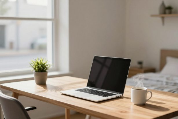 A bright room with a wooden desk featuring a laptop, a potted plant, and a steaming mug. A bed and a shelf are in the background.