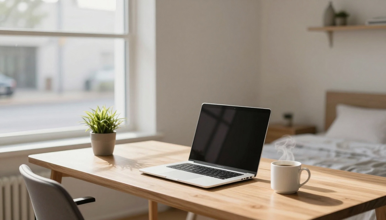 A bright room with a wooden desk featuring a laptop, a potted plant, and a steaming mug. A bed and a shelf are in the background.