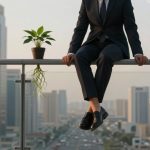 A person in a suit sits on a glass balcony railing, legs dangling, with a potted plant to their left. Tall buildings and a busy street are in the background.