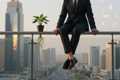 A person in a suit sits on a glass balcony railing, legs dangling, with a potted plant to their left. Tall buildings and a busy street are in the background.
