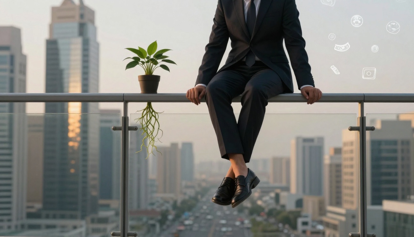 A person in a suit sits on a glass balcony railing, legs dangling, with a potted plant to their left. Tall buildings and a busy street are in the background.