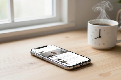 A smartphone displaying news articles lies on a wooden table near a steaming coffee mug with a clock design. A window is in the background.
