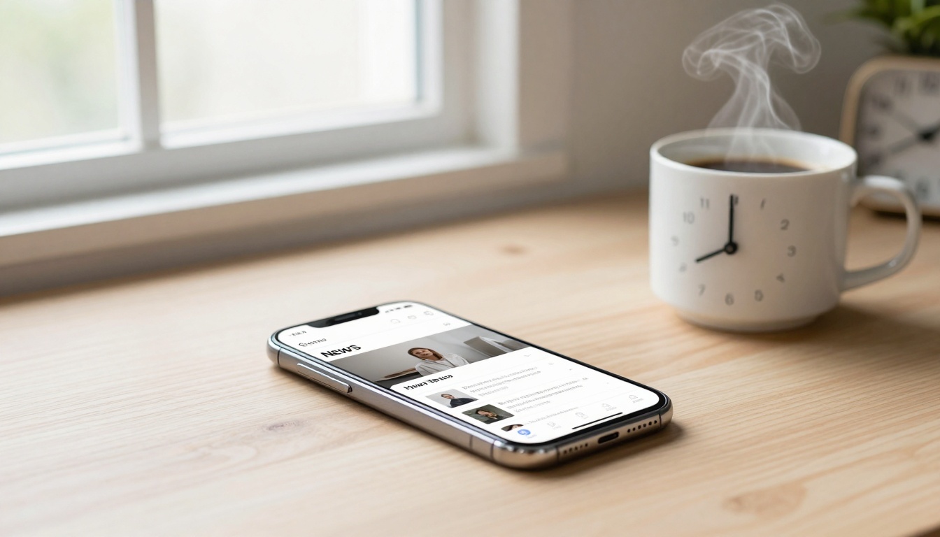 A smartphone displaying news articles lies on a wooden table near a steaming coffee mug with a clock design. A window is in the background.