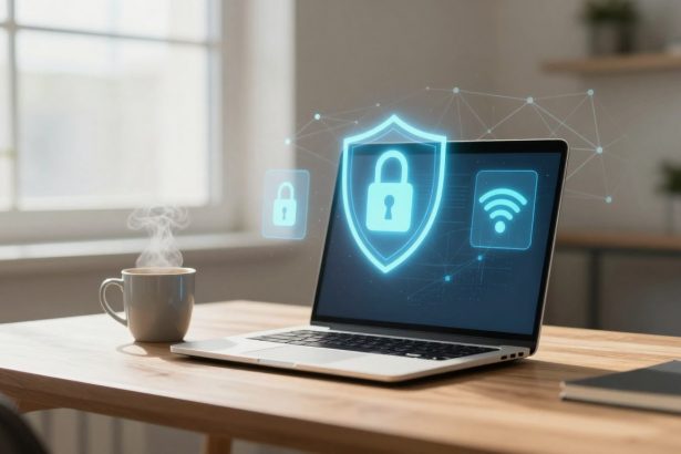 A laptop displaying security icons, including a lock and shield, on a wooden desk with a steaming coffee mug and a notebook.