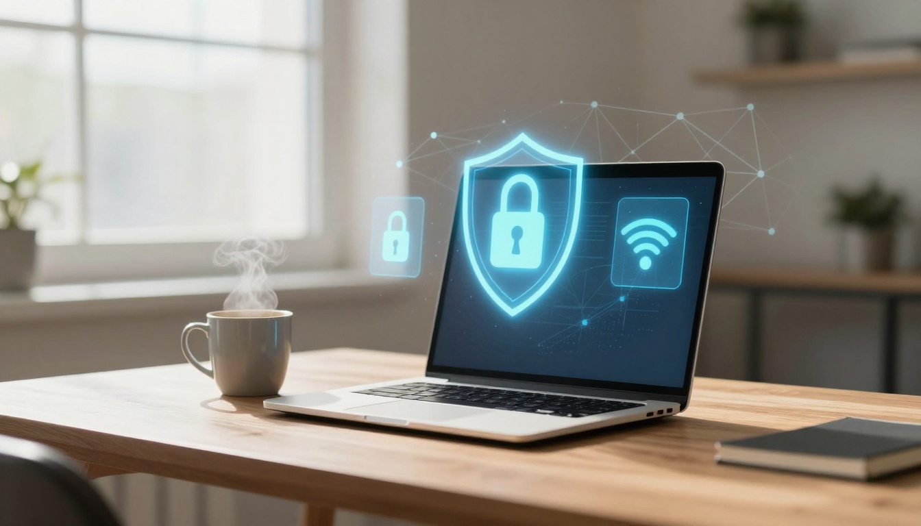 A laptop displaying security icons, including a lock and shield, on a wooden desk with a steaming coffee mug and a notebook.