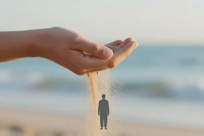 A hand releasing a stream of sand onto a beach, with the ocean in the background. A silhouette of a person is superimposed on the sand.