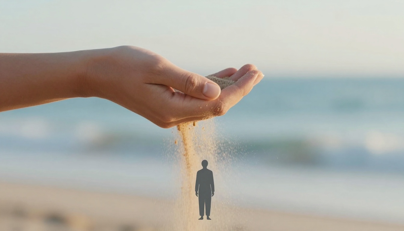 A hand releasing a stream of sand onto a beach, with the ocean in the background. A silhouette of a person is superimposed on the sand.