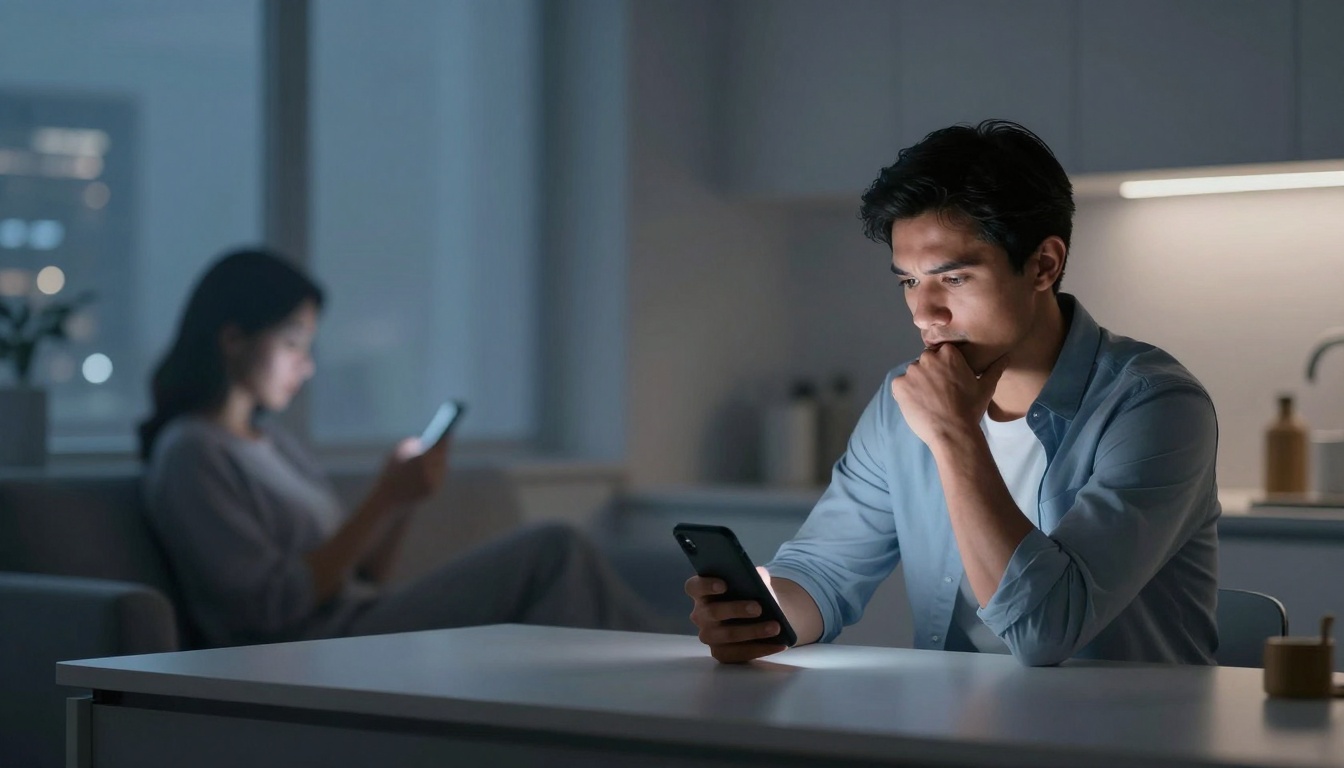 A man in a blue shirt sits at a table, looking intently at his smartphone. In the background, a woman is seated on a sofa, also using a phone. The room is dimly lit.