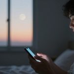 A person sits on a bed in a dimly lit room, focused on a smartphone. A window shows a colorful sunset sky with a visible moon.