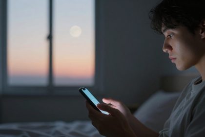 A person sits on a bed in a dimly lit room, focused on a smartphone. A window shows a colorful sunset sky with a visible moon.