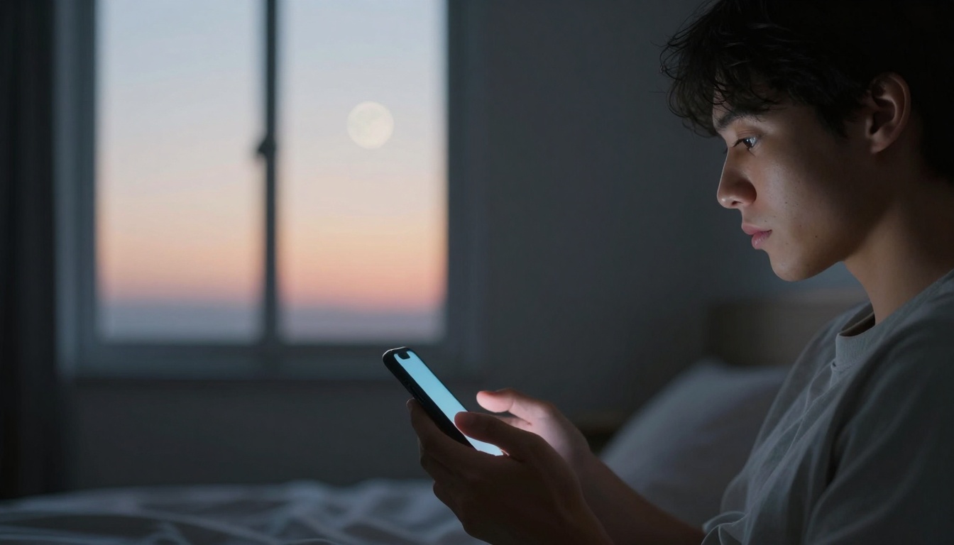 A person sits on a bed in a dimly lit room, focused on a smartphone. A window shows a colorful sunset sky with a visible moon.