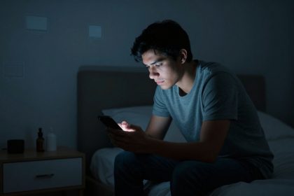 A person in a gray t-shirt sits on a bed in a dimly lit room, intently looking at a smartphone. A nightstand with bottles is beside the bed.