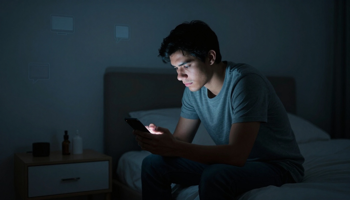 A person in a gray t-shirt sits on a bed in a dimly lit room, intently looking at a smartphone. A nightstand with bottles is beside the bed.
