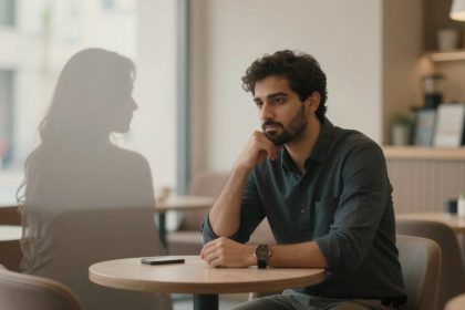 A man with curly hair and a beard sits at a round table in a café, resting his chin on his hand, looking thoughtful. A smartphone lies on the table. A blurred silhouette of a woman is visible on the left. The background shows a bright, softly lit interior with small plants on tables.