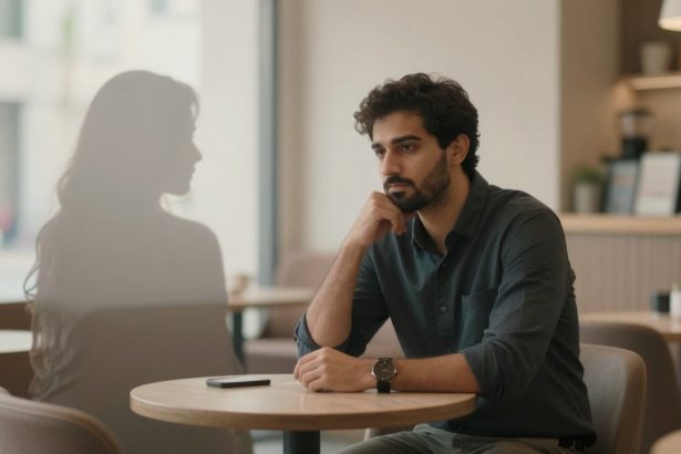A man with curly hair and a beard sits at a round table in a café, resting his chin on his hand, looking thoughtful. A smartphone lies on the table. A blurred silhouette of a woman is visible on the left. The background shows a bright, softly lit interior with small plants on tables.