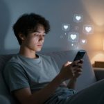 A person sits on a gray couch in a dimly lit room, looking at a smartphone. Digital heart icons float above the phone. A lit lamp is on a side table in the background.