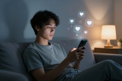 A person sits on a gray couch in a dimly lit room, looking at a smartphone. Digital heart icons float above the phone. A lit lamp is on a side table in the background.